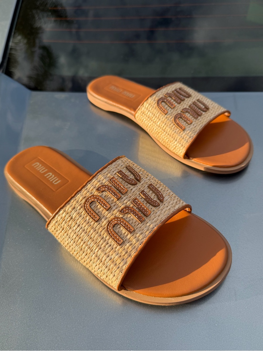 Miu Miu Brown Leather Woven Raffia Slide Sandals